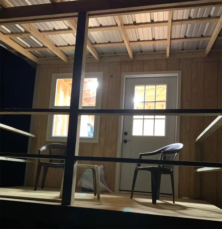 Sunlit interior of the Midnight Falcon art studio with completed electrical lighting.