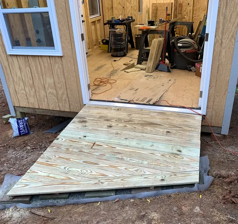 Completed entrance ramp leading to the Midnight Falcon art studio for smooth material access.