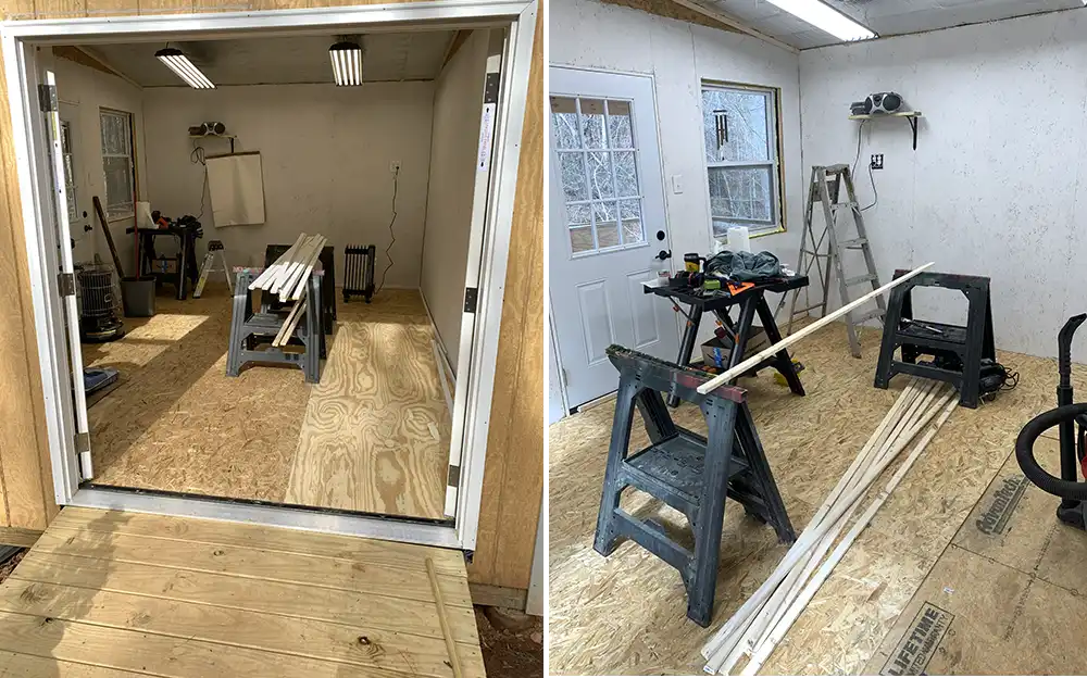 studio finishing walls, painting workshop interior, trim installation