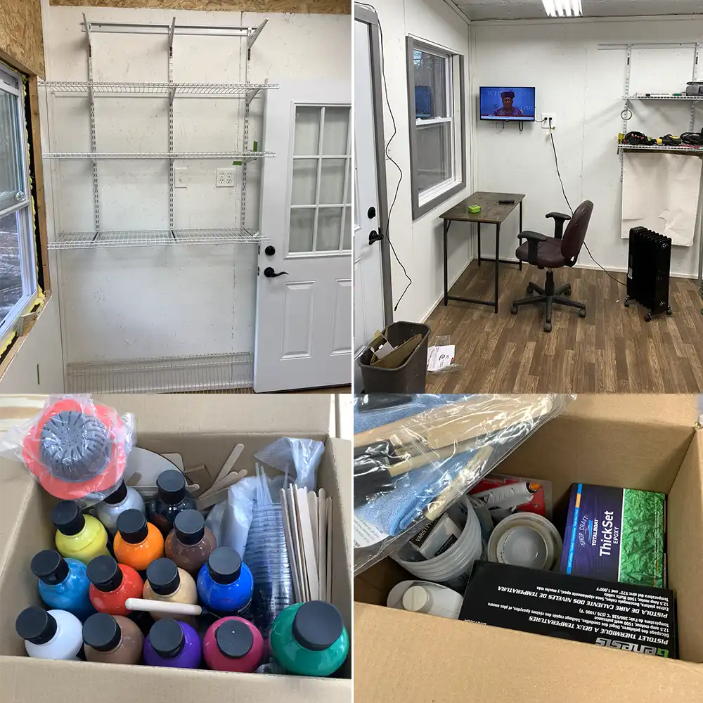 tools and materials being moved into studio