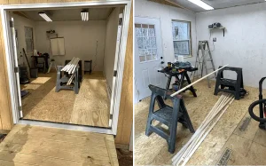 studio finishing walls, painting workshop interior, trim installation