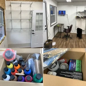 tools and materials being moved into studio